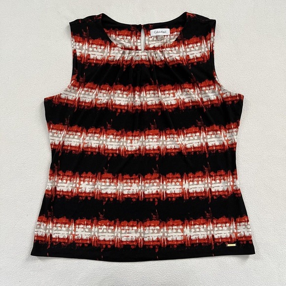 Calvin Klein Tops - Calvin Klein Red Black Abstract Stripe Print Pleated Neckline Sleeveless Top XL